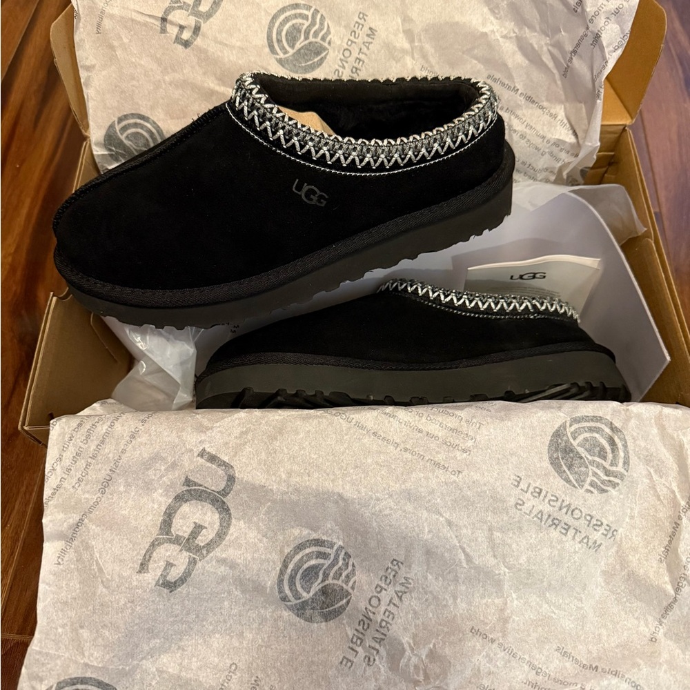 UGG Black Tasman Cozy Slip-Ons with Patterned Trim